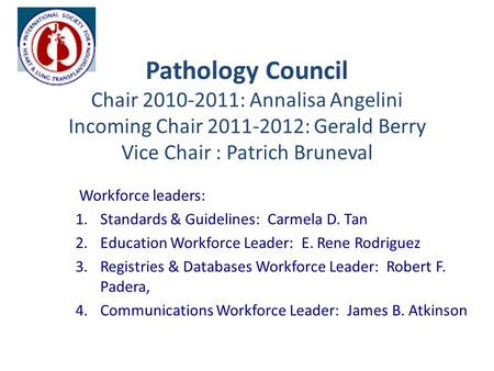 Pathology Council Chair 2010-2011: Annalisa Angelini Incoming Chair 2011-2012: Gerald Berry Vice Chair : Patrich Bruneval Workforce leaders: 1.Standards.