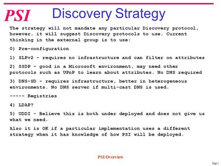 Page 1 PSI PSI Overview Discovery Strategy The strategy will not mandate any particular Discovery protocol, however, it will suggest Discovery protocols.