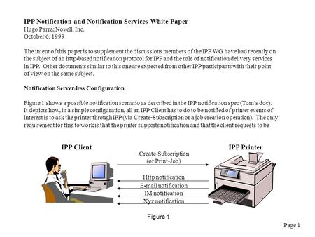 IPP Notification and Notification Services White Paper Hugo Parra; Novell, Inc. October 6, 1999 The intent of this paper is to supplement the discussions.