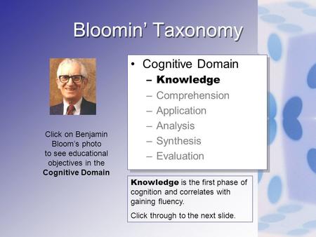 Bloomin Taxonomy Cognitive Domain –Knowledge –Comprehension –Application –Analysis –Synthesis –Evaluation Cognitive Domain –Knowledge –Comprehension –Application.