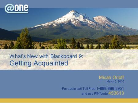 Micah Orloff March 3, 2010 For audio call Toll Free 1 - 888-886-3951 and use PIN/code 453613 What's New with Blackboard 9: Getting Acquainted.