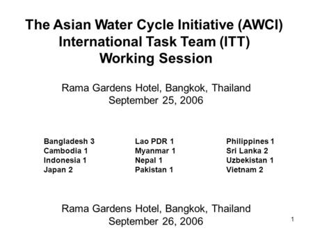 1 The Asian Water Cycle Initiative (AWCI) International Task Team (ITT) Working Session Rama Gardens Hotel, Bangkok, Thailand September 25, 2006 Bangladesh.
