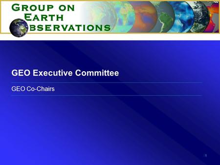 |1|1 GEO Executive Committee GEO Co-Chairs. |2|2 12 Member Executive Committee Regional representations –Africa (2) –Americas (3) –Asia and Oceania (3)