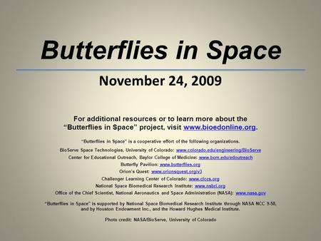 Butterflies in Space November 24, 2009 For additional resources or to learn more about the Butterflies in Space project, visit www.bioedonline.org.www.bioedonline.org.