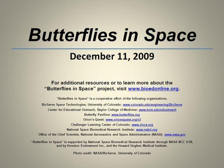 Butterflies in Space December 11, 2009 For additional resources or to learn more about the Butterflies in Space project, visit www.bioedonline.org.www.bioedonline.org.