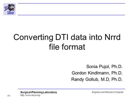 Surgical Planning Laboratory  -1- Brigham and Womens Hospital Converting DTI data into Nrrd file format Sonia Pujol, Ph.D. Gordon.