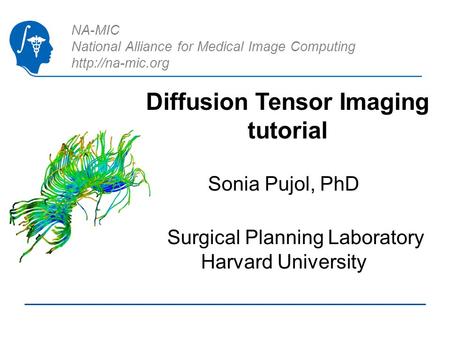 NA-MIC National Alliance for Medical Image Computing  Diffusion Tensor Imaging tutorial Sonia Pujol, PhD Surgical Planning Laboratory.