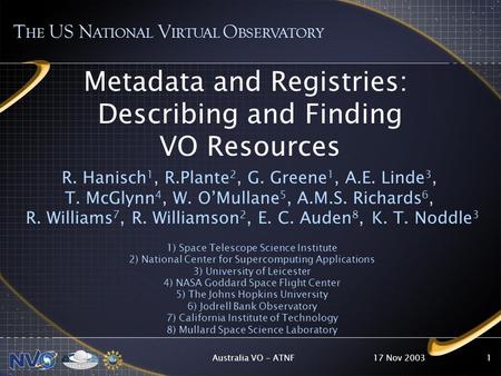 17 Nov 2003Australia VO - ATNF1 Metadata and Registries: Describing and Finding VO Resources R. Hanisch 1, R.Plante 2, G. Greene 1, A.E. Linde 3, T. McGlynn.
