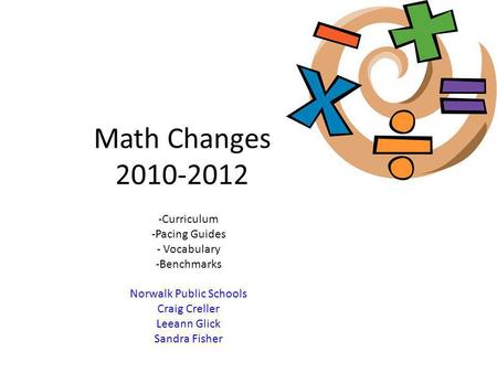 Math Changes 2010-2012 -Curriculum -Pacing Guides - Vocabulary -Benchmarks Norwalk Public Schools Craig Creller Leeann Glick Sandra Fisher.