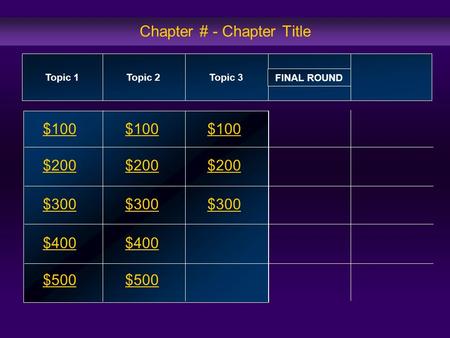 Chapter # - Chapter Title $100 $200 $300 $400 $500 $100 $200 $300 $400 $500 Topic 1Topic 2Topic 3 FINAL ROUND.