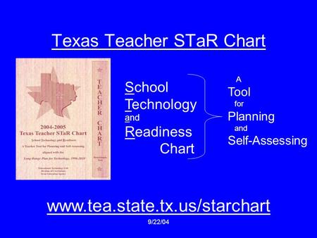 9/22/04 Texas Teacher STaR Chart School Technology and Readiness Chart A Tool for Planning and Self-Assessing www.tea.state.tx.us/starchart.