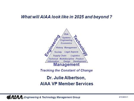 2/13/2014 1 Engineering & Technology Management Group What will AIAA look like in 2025 and beyond ? Dr. Julie Albertson, AIAA VP Member Services Engineering.