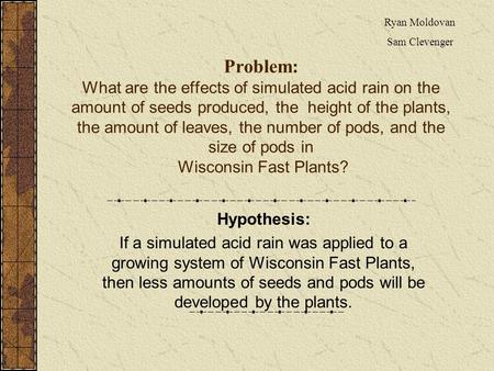 Problem: What are the effects of simulated acid rain on the amount of seeds produced, the height of the plants, the amount of leaves, the number of pods,