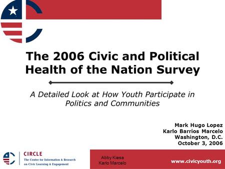 Abby Kiesa Karlo Marcelo www.civicyouth.org The 2006 Civic and Political Health of the Nation Survey A Detailed Look at How Youth Participate in Politics.