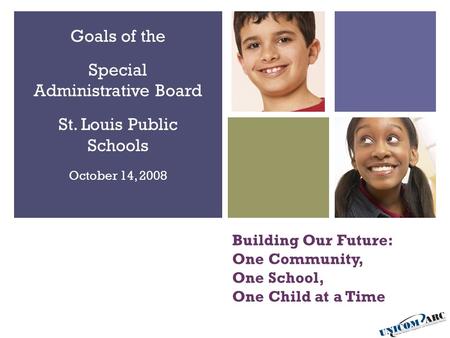 Building Our Future: One Community, One School, One Child at a Time Goals of the Special Administrative Board St. Louis Public Schools October 14, 2008.