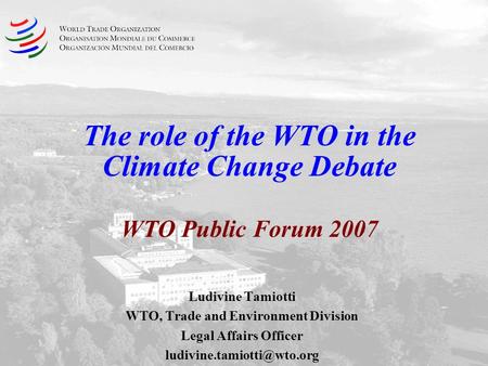 The role of the WTO in the Climate Change Debate WTO Public Forum 2007 Ludivine Tamiotti WTO, Trade and Environment Division Legal Affairs Officer