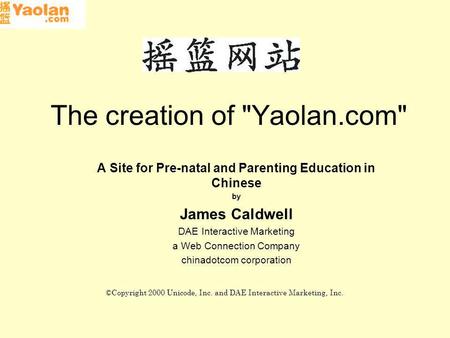 The creation of Yaolan.com A Site for Pre-natal and Parenting Education in Chinese by James Caldwell DAE Interactive Marketing a Web Connection Company.