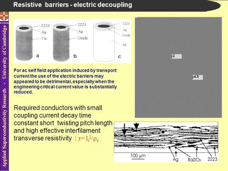 Applied Superconductivity Research - University of Cambridge B.A.Glowacki Resistive barriers - electric decoupling For ac self field application induced.