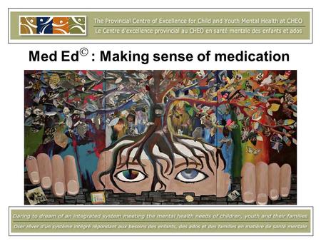 Med Ed : Making sense of medication. Todays presentation Background and context Resource development Description Using Med Ed Training Evaluation Next.