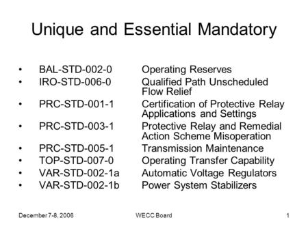 December 7-8, 2006WECC Board1 Unique and Essential Mandatory BAL-STD-002-0 Operating Reserves IRO-STD-006-0 Qualified Path Unscheduled Flow Relief PRC-STD-001-1Certification.