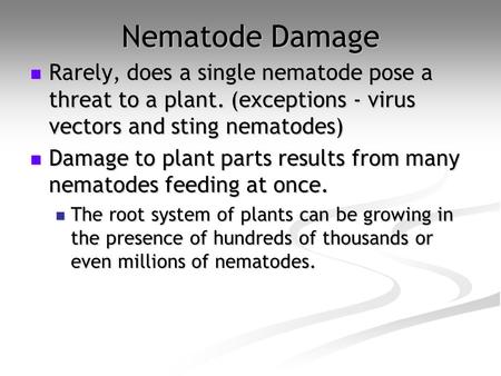 Nematode Damage Rarely, does a single nematode pose a threat to a plant. (exceptions - virus vectors and sting nematodes) Damage to plant parts results.
