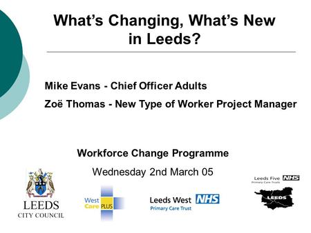 Whats Changing, Whats New in Leeds? Mike Evans - Chief Officer Adults Zoë Thomas - New Type of Worker Project Manager Workforce Change Programme Wednesday.