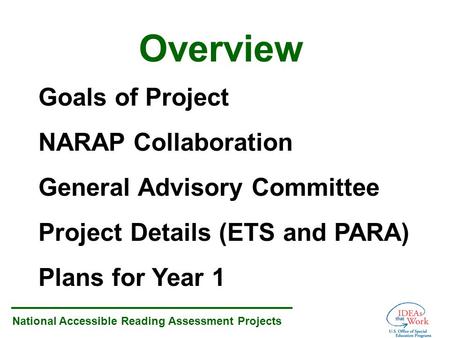 National Accessible Reading Assessment Projects Goals of Project NARAP Collaboration General Advisory Committee Project Details (ETS and PARA) Plans for.