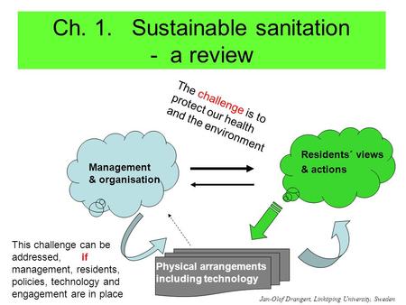 Ch. 1. Sustainable sanitation - a review Management & organisation Residents´ views & actions Physical arrangements including technology The challenge.