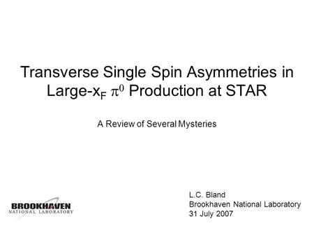 Transverse Single Spin Asymmetries in Large-x F Production at STAR A Review of Several Mysteries L.C. Bland Brookhaven National Laboratory 31 July 2007.