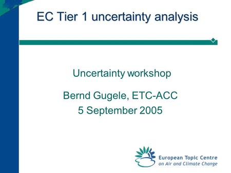 EC Tier 1 uncertainty analysis Uncertainty workshop Bernd Gugele, ETC-ACC 5 September 2005.