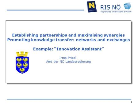 1 Establishing partnerships and maximising synergies Promoting knowledge transfer: networks and exchanges Example: Innovation Assistant Irma Priedl Amt.