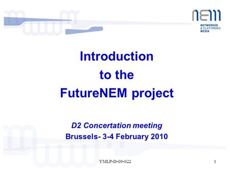 1YMLP-D-09-022 Introduction to the FutureNEM project D2 Concertation meeting Brussels- 3-4 February 2010.