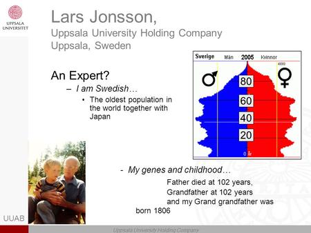 UUAB Uppsala University Holding Company Lars Jonsson, Uppsala University Holding Company Uppsala, Sweden An Expert? –I am Swedish… The oldest population.