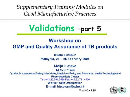 Supplementary Training Modules on Good Manufacturing Practices