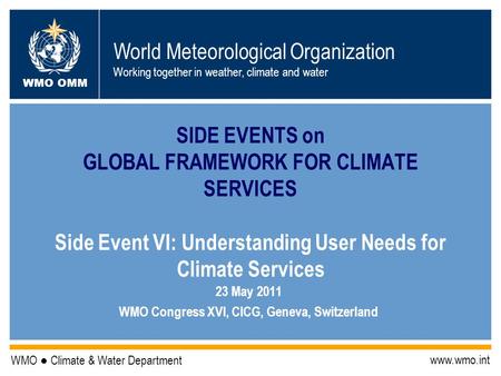 World Meteorological Organization Working together in weather, climate and water WMO OMM WMO Climate & Water Department www.wmo.int SIDE EVENTS on GLOBAL.