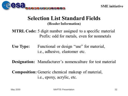 SME initiative May 2000MAPTIS Presentation52 Selection List Standard Fields (Header Information) MTRL Code: 5 digit number assigned to a specific material.