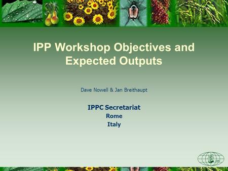 IPP Workshop Objectives and Expected Outputs Dave Nowell & Jan Breithaupt IPPC Secretariat Rome Italy.