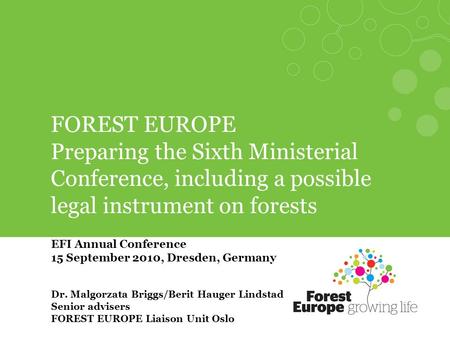 FOREST EUROPE Preparing the Sixth Ministerial Conference, including a possible legal instrument on forests EFI Annual Conference 15 September 2010, Dresden,