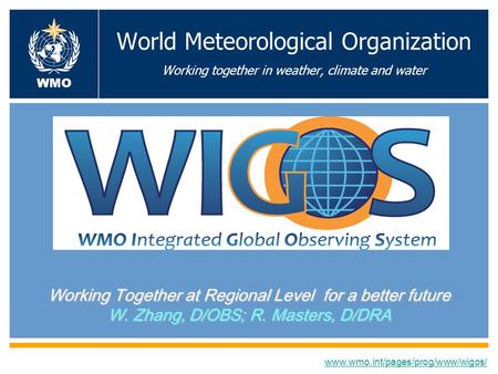 World Meteorological Organization Working together in weather, climate and water Working Together at Regional Level for a better future W. Zhang, D/OBS;