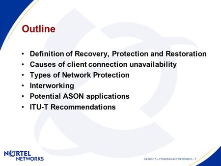 Network Protection and Restoration Session 5 - Optical/IP Network OAM & Protection and Restoration Presented by: Malcolm Betts Date: 2002 07 10.