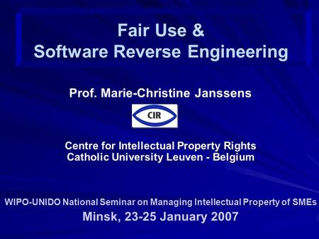 Prof. Marie-Christine Janssens Centre for Intellectual Property Rights Catholic University Leuven - Belgium WIPO-UNIDO National Seminar on Managing Intellectual.