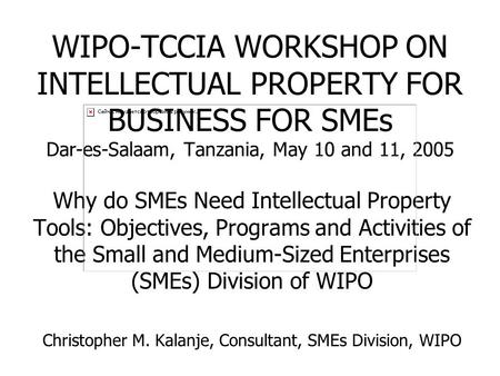WIPO-TCCIA WORKSHOP ON INTELLECTUAL PROPERTY FOR BUSINESS FOR SMEs Dar-es-Salaam, Tanzania, May 10 and 11, 2005 Why do SMEs Need Intellectual Property.