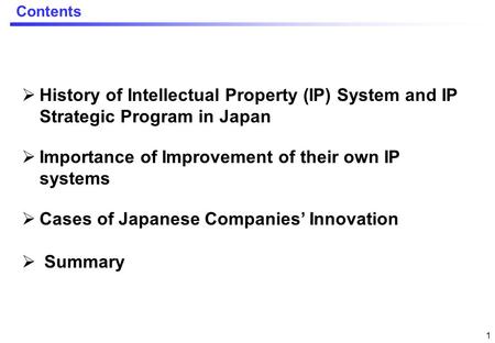 00 Kenji SHIMADA Director for Intellectual Property, JETRO Duesseldolf May 6, 2013 The Importance of IP in Innovation, Promotion and its Exploitation;