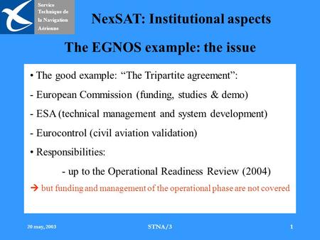 Service Technique de la Navigation Aérienne NexSAT: Institutional aspects 20 may, 2003 STNA/31 The EGNOS example: the issue The good example: The Tripartite.
