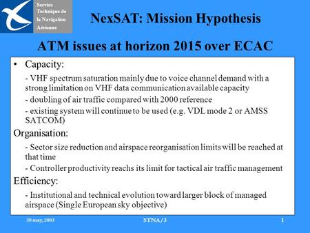 Service Technique de la Navigation Aérienne NexSAT: Mission Hypothesis 20 may, 2003 STNA/31 ATM issues at horizon 2015 over ECAC Capacity: - VHF spectrum.