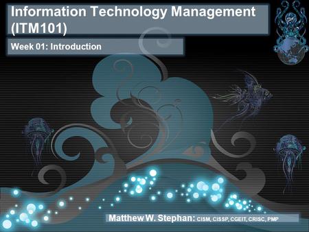 Information Technology Management (ITM101) Week 01: Introduction Matthew W. Stephan: CISM, CISSP, CGEIT, CRISC, PMP.