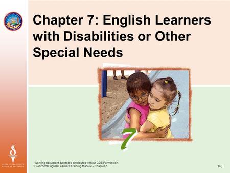 Working document. Not to be distributed without CDE Permission. Preschool English Learners Training Manual – Chapter 7 146 Chapter 7: English Learners.