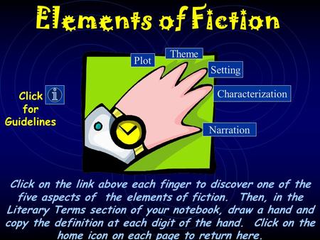 Elements of Fiction Click on the link above each finger to discover one of the five aspects of the elements of fiction. Then, in the Literary Terms section.