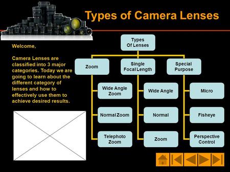 Types of Camera Lenses Types Of Lenses Zoom Wide Angle Zoom Normal Zoom Telephoto Zoom Single Focal Length Wide Angle Normal Zoom Special Purpose Micro.