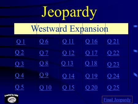 Jeopardy Q 1 Q 2 Q 3 Q 4 Q 5 Q 6Q 16Q 11Q 21 Q 7Q 12Q 17Q 22 Q 8Q 13Q 18 Q 23 Q 9 Q 14Q 19Q 24 Q 10Q 15Q 20Q 25 Final Jeopardy Westward Expansion.
